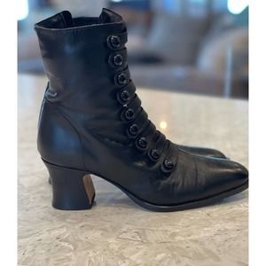Vintage POPPIES Victorian Granny Button Up Heeled Ankle Bootie Sz 8 Black Chile